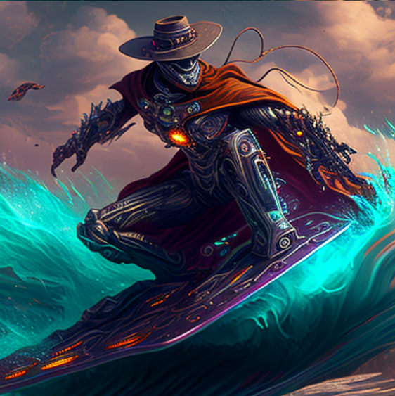 Cowboy robot surfing a cyber wave
