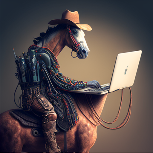 Cowboy robot coding his horse
